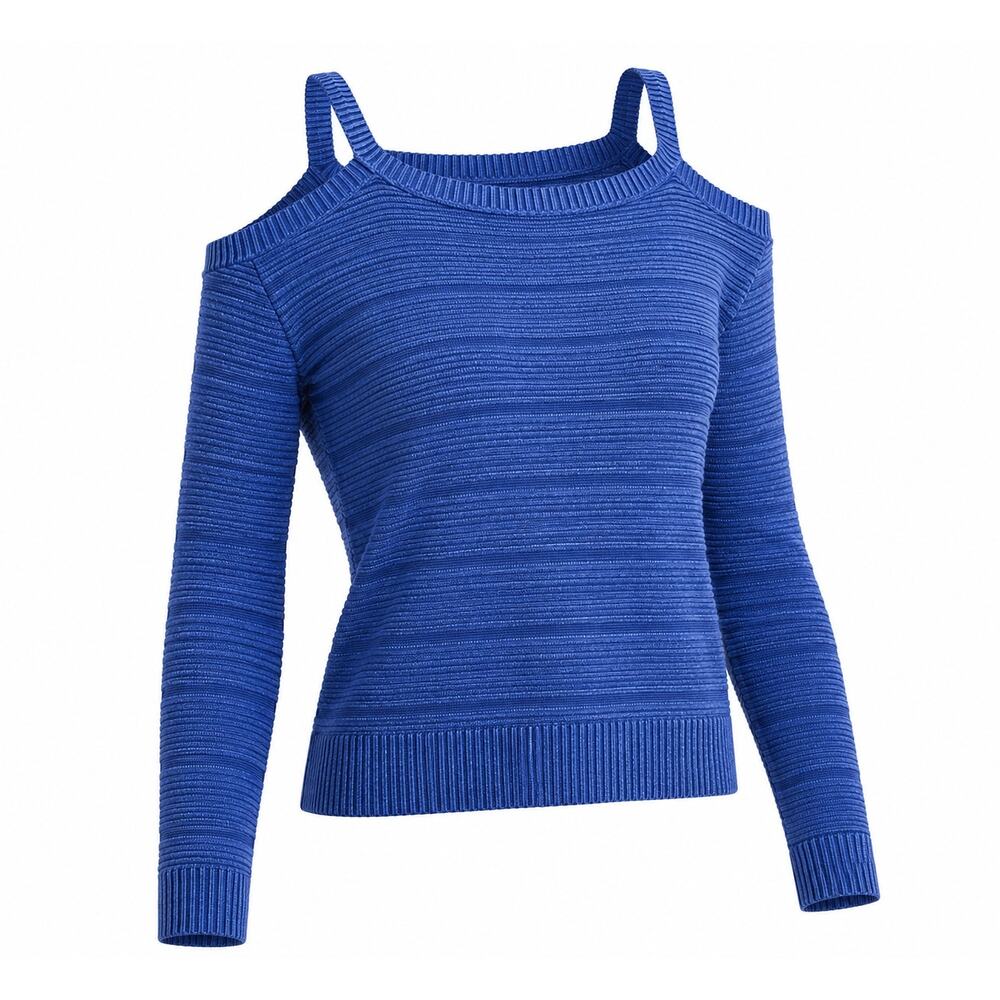 Feel The Piece Top Womens XS S Blue Linen Blend Cold Shoulder Lightweight Knit
